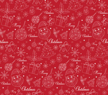 Seamless Merry Christmas Pattern of Line Drawings with Xmas Elements. Continuous Vector Illustrationのイラスト素材