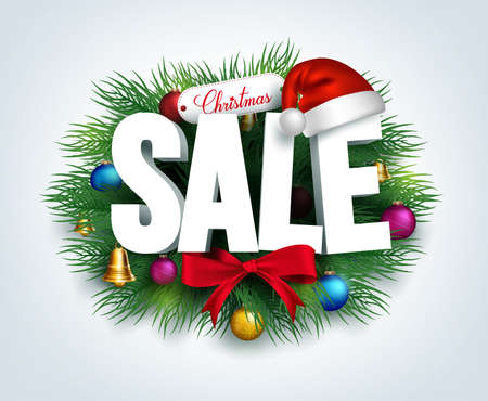 3D Christmas Sale Text for Promotion with a Leaves and Christmas Decorations in White Background. Realistic Vector Illustrationのイラスト素材