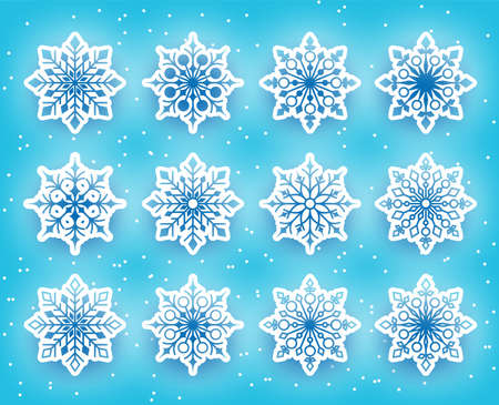Beautiful Snowflakes Set for Winter Season in Snowy Background. Vector Illustrationのイラスト素材