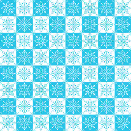 Seamless Winter Snow Flakes Background Pattern in Checkered Blue Color. Continuous Vector Illustrationのイラスト素材
