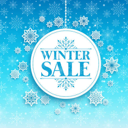 Winter Sale Text in White Space with Snow Flakes Hanging in Blue Pattern Background. Vector Illustrationのイラスト素材