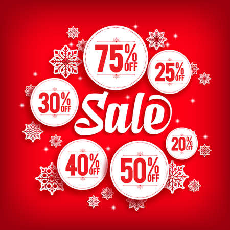 Christmas Sale Discount in Circles with Snowflakes in Red Background. Vector Illustrationのイラスト素材