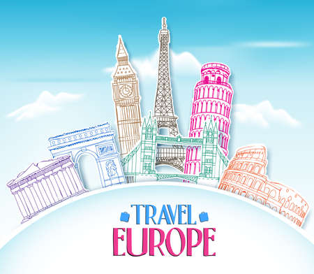 Colorful Travel Europe Hand Drawing in paper Cut with Famous Landmarks and Places in Blue Background. Vector Illustrationのイラスト素材