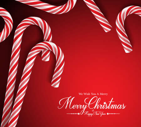 Merry Christmas Greetings Card with Realistic Candy Cane in Red Background. Vector Illustrationのイラスト素材