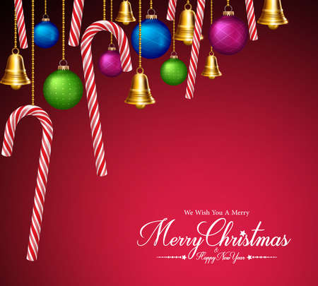 Merry Christmas Greetings with Decorations and Elements Hanging in Red Background. Vector Illustrationのイラスト素材