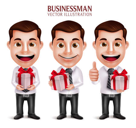 3D Realistic Professional Business Man Vector Character Holding Red Gift Box Isolated in White Background. Vector Illustrationのイラスト素材