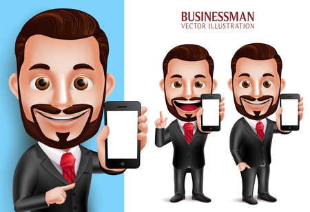 3D Realistic Professional Business Man Vector Character Holding Mobile Phone with Blank Screen Isolated in White Background. Set of Vector Illustrationのイラスト素材