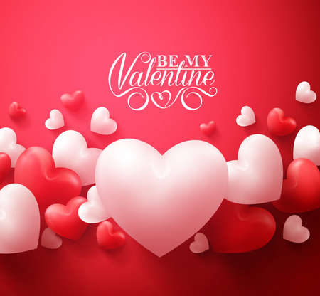 Realistic 3D Colorful Red and White Romantic Valentine Hearts Background Floating with Happy Valentines Day Greetings. Illustration