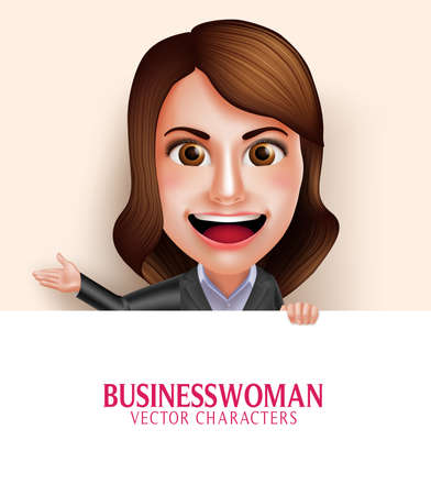Set of 3D Realistic Professional Business Woman Vector Character with Friendly Smile Holding Empty White Board with Space for Message Isolated in White Background. Vector Illustrationのイラスト素材