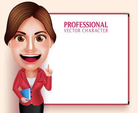 3D Realistic Good Looking Professional School Teacher Vector Character Smiling Holding Books while Teaching Lessons in Empty White Board. Vector Illustrationのイラスト素材