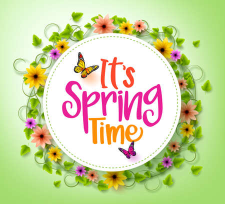 Spring Time in a White Circle with Wreath of Colorful Flowers, Vines and Leaves with Flying...