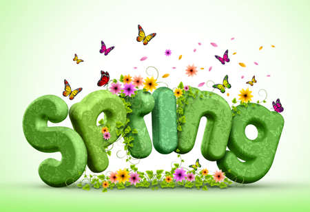 Spring Poster Design Illustration of Spring 3D Rendered Text with Colorful Flowers and Flying Butterflies for Spring Seasonの写真素材