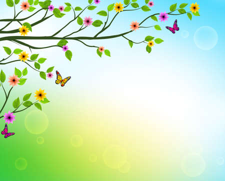 Vector Spring  Background of Tree Branches with Growing Leaves and Colorful Flowers in a Horizon for Springtime or Nature Related Designs. Vector Illustrationのイラスト素材