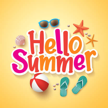 Hello Summer Text Title Poster Design with Realistic 3D Vector Elements and Decorations in Yellow Background. Vector Illustrationのイラスト素材