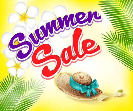 Summer Sale Design with Orchid Flowers and Straw Hat Vector Elements and Decoration of Summer Theme in Yellow Background. Vector Illustrationのイラスト素材
