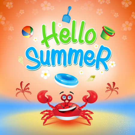 Hello Summer Title with 3d Realistic Red Crab Elements and Decorations in Colorful Island Beach Background including Flowers. Vector Illustrationのイラスト素材