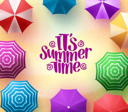 Colorful Beach Umbrellas Background with Summer Time Title in Sea Shore for Summer Season.のイラスト素材