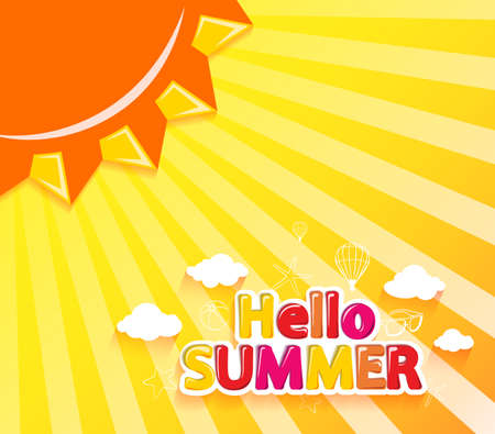 Hello Summer Vector Illustration with Sun and Summer Icons in Orange Background with Raysのイラスト素材