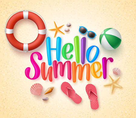 Hello Summer in the Sand Colorful Text and Background with Summer Season Items in the Beach. Illustrationのイラスト素材