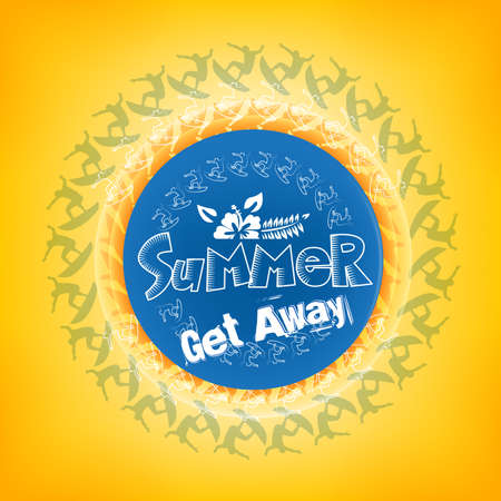 Summer Get Away Title in a Round Blue Color with a Surfers including White Flower including Orange Background.のイラスト素材