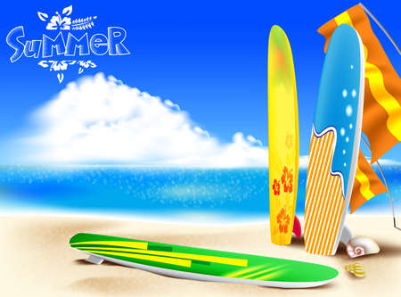 Summer Adventure in the Beach with a Colorful Surfboards and Seashells including Bright Cloudy  Sky Background.のイラスト素材