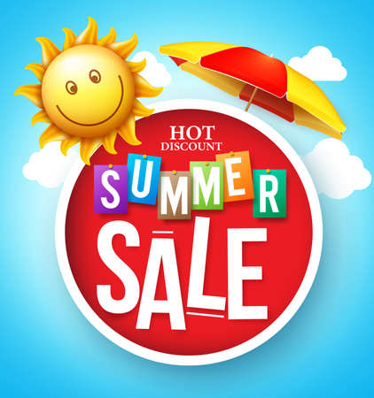 Summer Sale Hot Discount in Red Circle Floating with Umbrella and Happy Sun in the Cloudy Sky for Summer Promotion. Vector Illustrationのイラスト素材