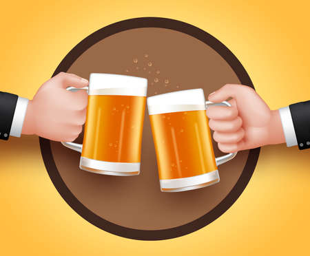 Cheers Beer of Two Man Holding Mug for Toast of Celebration. 3D Realistic Vector Illustrationのイラスト素材