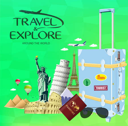 Vector Travel and Explore Around the World with Travel Objects and Transportation with Famous Landmarks of the World on Green Backgroundのイラスト素材
