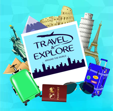 Vector Travel and Explore Around the World with Picture and Travel Objects with Famous Landmarks of the World on Blue Backgroundのイラスト素材
