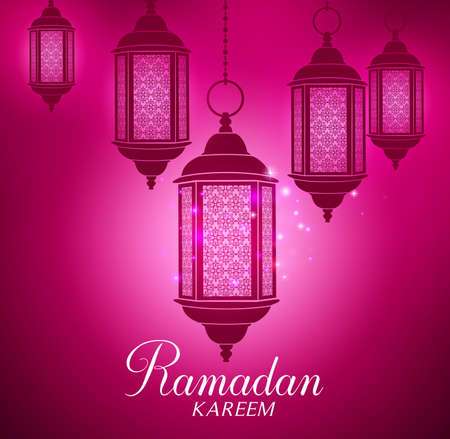 Vector Lanterns Background Silhouette in Glowing Lights in the Dark with Ramadan Kareem Greetings. Vector Illustrationのイラスト素材