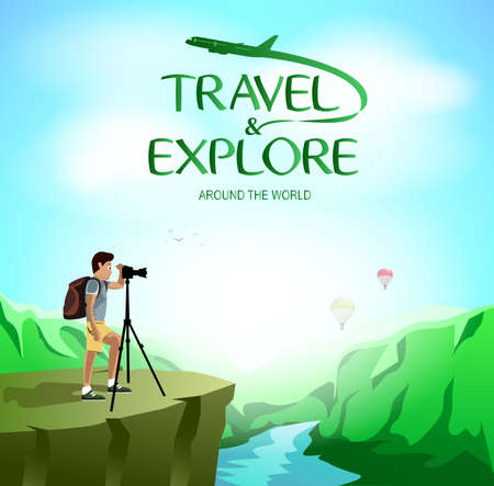 Travel and Explore Around The World with Man Traveler Taking Picture on The Cliff. Vector Illustrationのイラスト素材