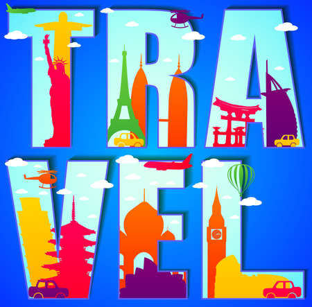 Vector Travel Text Concept with Famous Landmarks and Travel Objectsのイラスト素材
