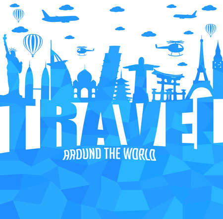 Travel Around the World Text with Famous Landmarks and Travel Objects in Abstract. Vector Illustrationのイラスト素材