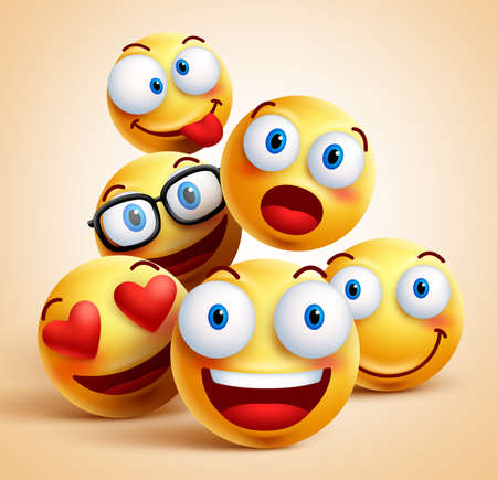 Smiley faces group of vector emoticon characters with funny facial expressions. 3D realistic vector illustrationのイラスト素材