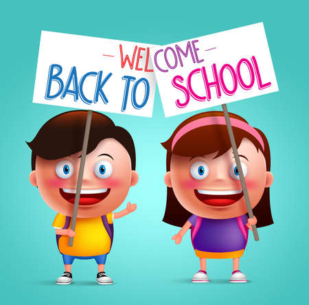 Boy and girl student vector character with happy smile holding placard or signboard with colorful back to school text written. Vector illustrationのイラスト素材