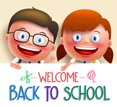 Boy and girl student vector character wearing uniform holding white board with space for text for back to school. Vector illustrationのイラスト素材