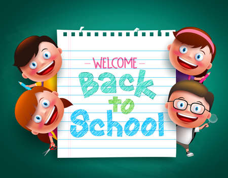 Back to school colorful  text written in paper with funny kids vector characters holding school items. Vector illustrationのイラスト素材