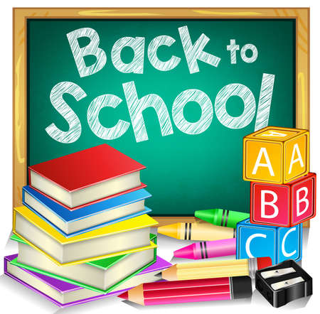 Green Chalkboard with Back to School Text and School Items on White Backgroundのイラスト素材