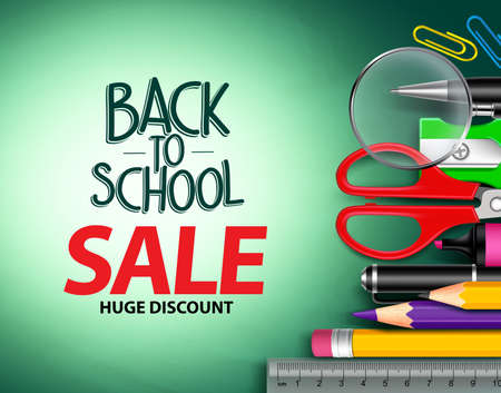 Vector back to school sale text in green background with colorful school items for school promotion. Vector illustrationのイラスト素材