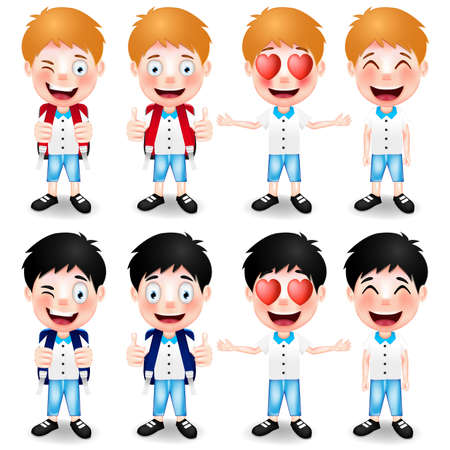 School Boys Character with Different Hand Gestures and Different Facial Expressions on White Background. Vector Illustrationのイラスト素材