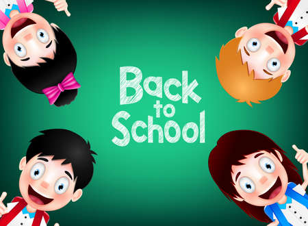 Four Happy and Cute Student Characters Wearing School Bag with Hand Gestures on Green Background. Vector Illustrationのイラスト素材