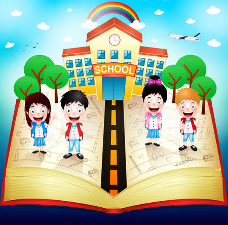 Schooling Children On  Top Of Red Book With School Building And Rainbow. Vector Illustrationのイラスト素材