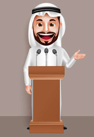 Saudi arab man vector character wearing thobe with a happy smile while talking with microphone in conference. Vector illustration.のイラスト素材