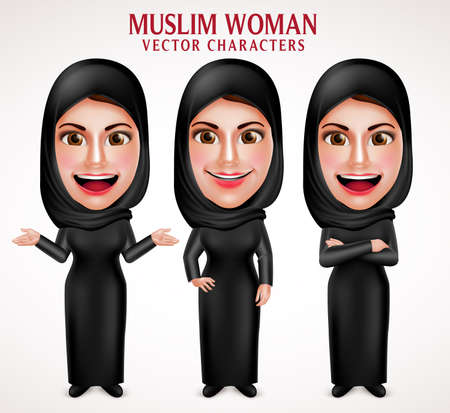 Muslim woman vector characters set wearing  hijab black clothes with different pose and hand gestures in white background. Vector illustration.のイラスト素材