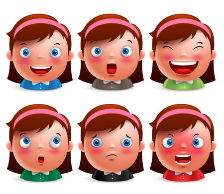 Young girl kid avatar facial expressions set of cute emoticon heads vector characters isolated in white background. Vector illustration.のイラスト素材