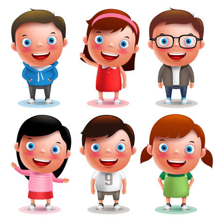 Kids vector characters boys and girls set with happy smile and different outfits and hairstyle isolated in white background. Vector illustration.のイラスト素材