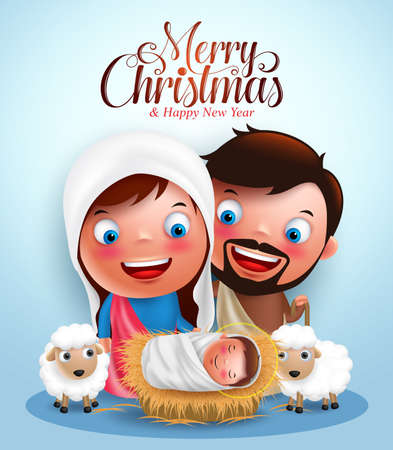 Belen with jesus born in manger, belen with joseph and mary vector characters  in christmas night with Merry Christmas greetings. Vector illustrationのイラスト素材
