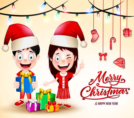 Christmas Vector Illustration with Gifts and Happy Kids Wearing Santa Hatのイラスト素材