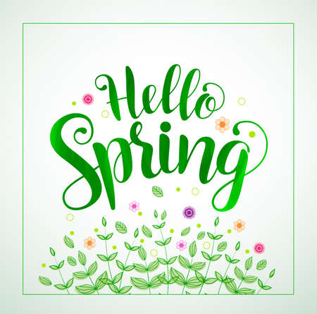 Hello spring typography vector banner design in green color with plants and flowers in white background. Vector illustration.のイラスト素材