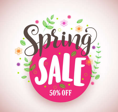 Spring sale vector design promotional banner in pink circle with colorful flowers and plants elements for spring season. Vector illustration.のイラスト素材